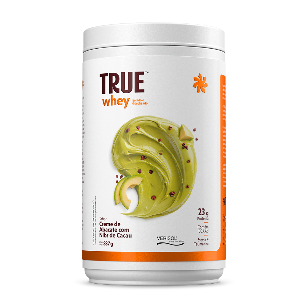 Embalagem do TRUE Whey Protein Creme de Abacate com Nibs de Cacau 837 g